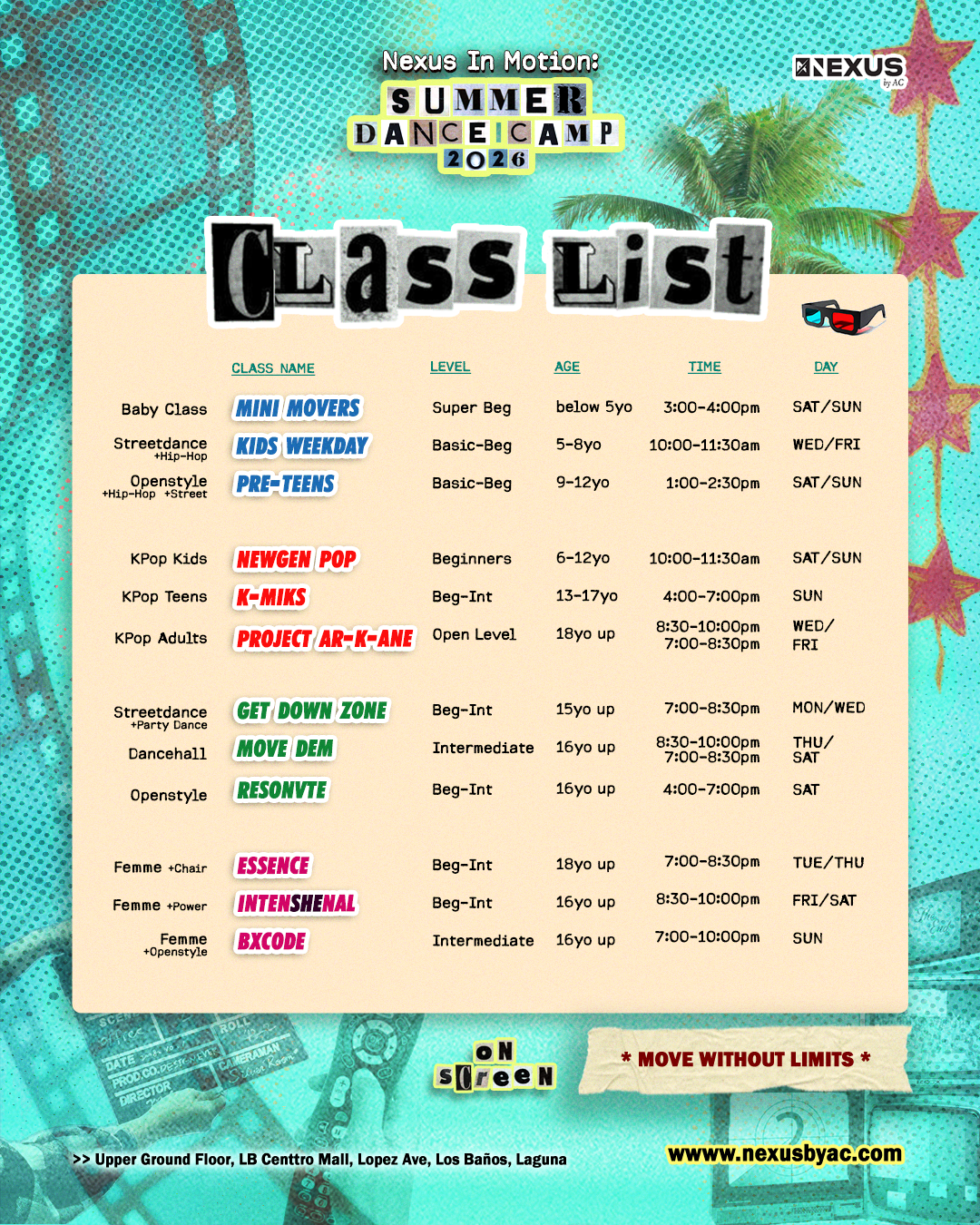 Summer Dance Camp 2026 class list — Mini Movers, Kids Weekday, Pre-Teens, NewGen Pop, K-Miks, Project AR-K-ANE, Get Down Zone, Move Dem, Resonvte, Essence, IntenSHEnal, BXCode