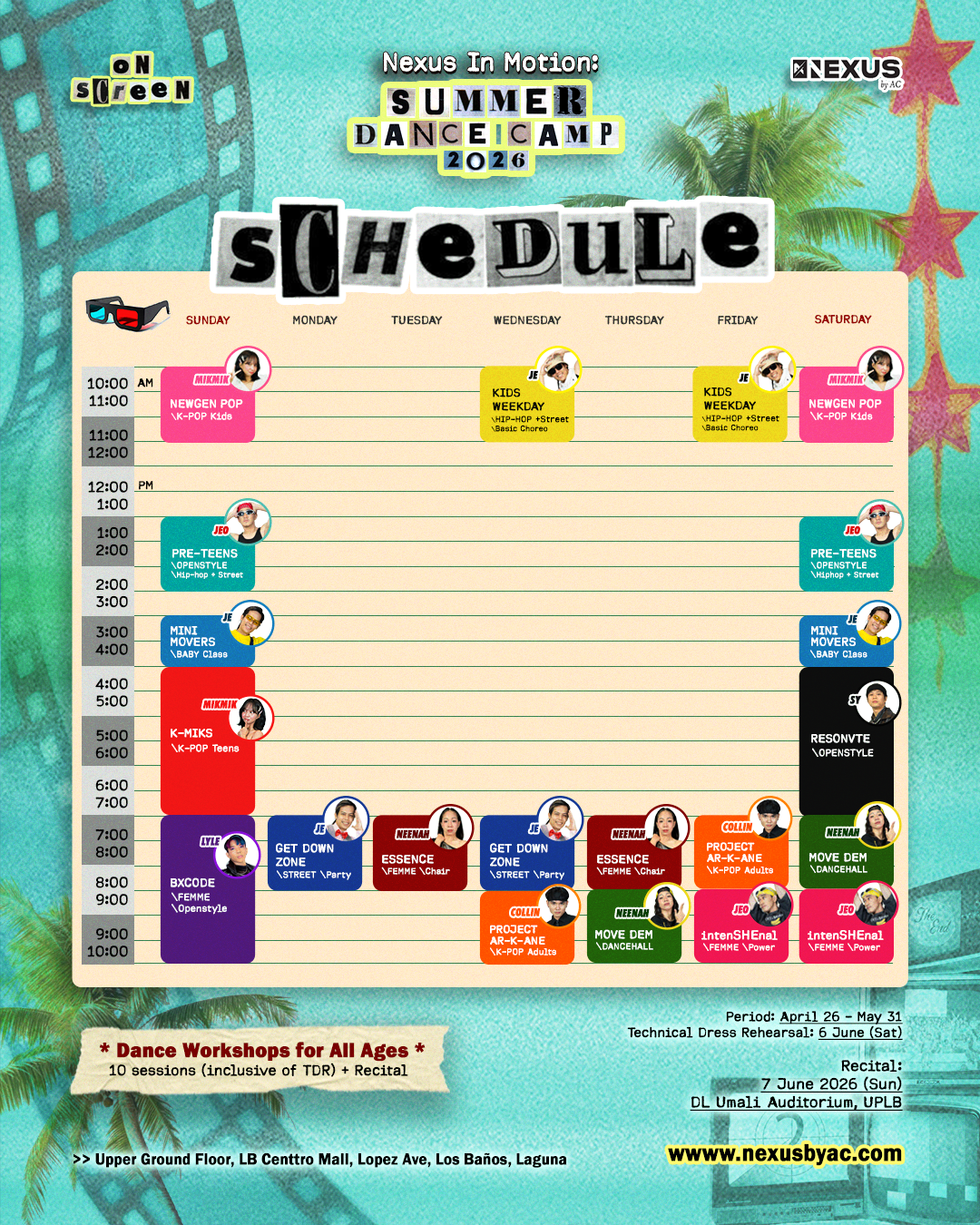 Summer Dance Camp 2026 weekly schedule — classes from Sunday to Saturday including NewGen Pop, Kids Weekday, Pre-Teens, Mini Movers, K-Miks, Resonvte, Get Down Zone, Essence, BXCode, Project AR-K-ANE, Move Dem, IntenSHEnal